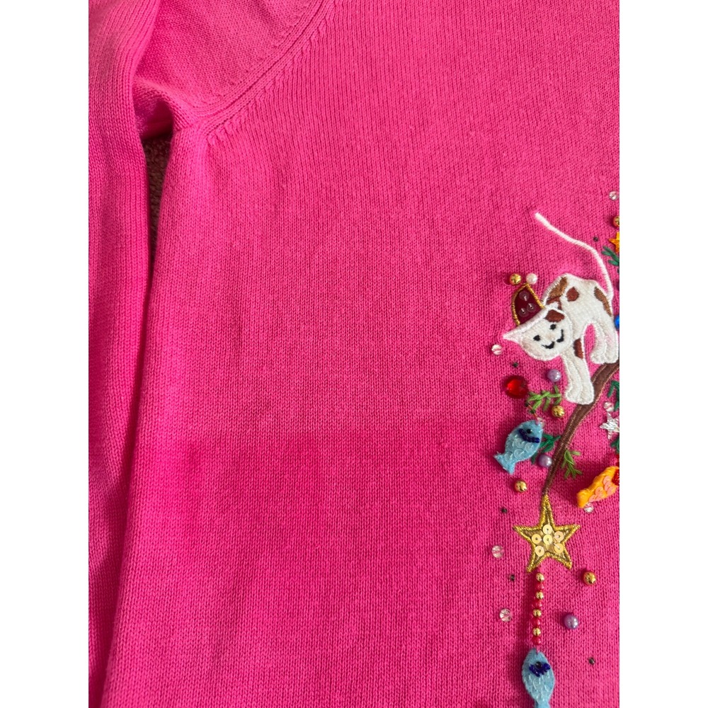 Quacker Factory Pink Cat Christmas Sweater XL Embroidered Beaded Holiday V-Neck - Picture 5 of 8
